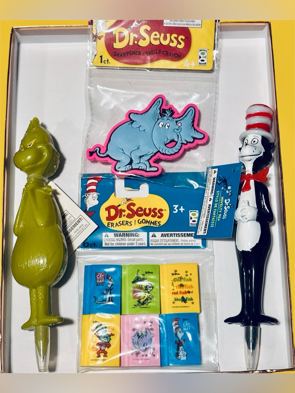 Dr. Seuss Set: Mini Book Erasers, Sharpener & Grinch & Cat in The Hat Pen